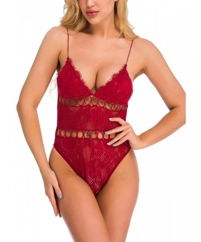 Womens Sexy Lace Bodysuit Hollow Out Teddy One Piece Underwear Snap Crotch Lingerie Babydoll - Red - CC199XZSOI8 $23.72 Baby ...