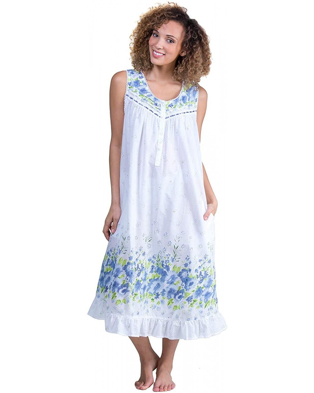 Nightgown - Sleeveless Long Cotton Lawn Gown - Wildflower Bleu - White/Blue - CY120BJO2FP $64.53 Nightgowns & Sleepshirts