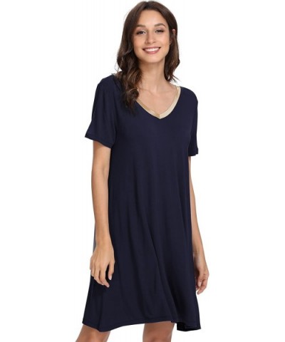 Women's Short Sleeve Nightshirt V Neck Bamboo Nightgown - Navy Blue - CT189TSO58Q $31.07 Nightgowns & Sleepshirts