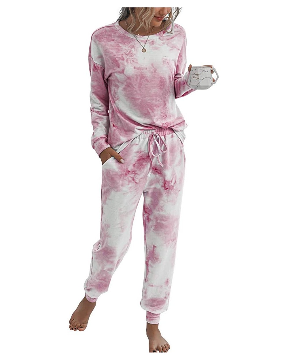 Womens Tie Dye Printed Long Pajamas Set Sweatshirt PJ Sets Loungewear - 01-pink - CZ199UTH5NC $52.09 Sets