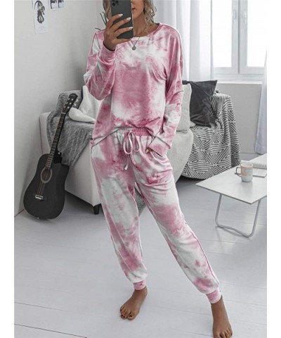 Womens Tie Dye Printed Long Pajamas Set Sweatshirt PJ Sets Loungewear - 01-pink - CZ199UTH5NC $52.09 Sets