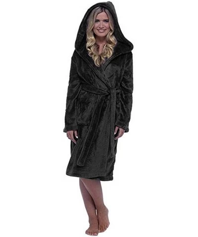 Women Fleece Gown with Hood Soft Warm Bathrobe Soft Cosy Winter Flannel Hooded Dressing Gown Loungewear - Black - CB194KHRYU6...