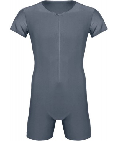 Men's Soft Spandex Short Sleeve Front Zipper Bodysuit Leotard Workout Sport Unitard - Gray - C418NUG9CLG $28.78 Boxers