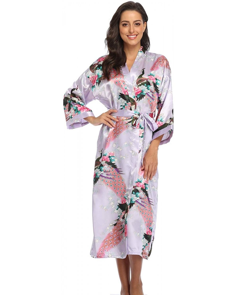 Womens Long Kimono Robe Satin Floral Bathrobe Dressing Gown for Bridesmaid Wedding Party - Light Purple-1 - CR1925XCEMQ $20.9...