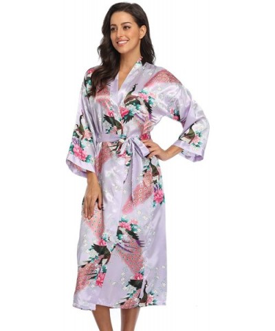 Womens Long Kimono Robe Satin Floral Bathrobe Dressing Gown for Bridesmaid Wedding Party - Light Purple-1 - CR1925XCEMQ $20.9...