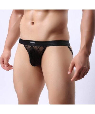 Mens Sexy See-Through Thong G-String T-Back Hot Mesh Jockstrap Perspective Grid Shorts Underwear Triangle Brief - Black - C11...