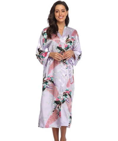 Womens Long Kimono Robe Satin Floral Bathrobe Dressing Gown for Bridesmaid Wedding Party - Light Purple-1 - CR1925XCEMQ $20.9...