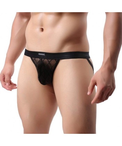 Mens Sexy See-Through Thong G-String T-Back Hot Mesh Jockstrap Perspective Grid Shorts Underwear Triangle Brief - Black - C11...