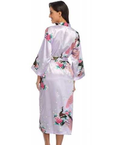 Womens Long Kimono Robe Satin Floral Bathrobe Dressing Gown for Bridesmaid Wedding Party - Light Purple-1 - CR1925XCEMQ $20.9...