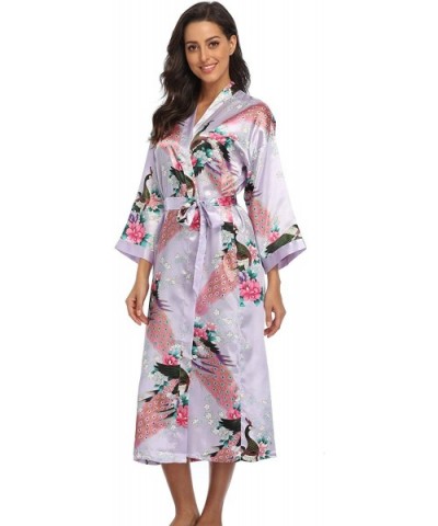 Womens Long Kimono Robe Satin Floral Bathrobe Dressing Gown for Bridesmaid Wedding Party - Light Purple-1 - CR1925XCEMQ $20.9...