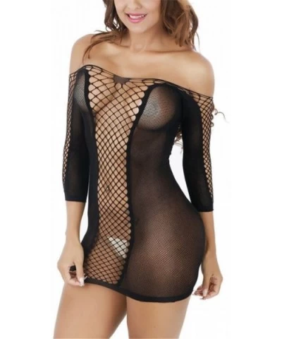 Fishnet Lingerie Women Sexy Long Sleeve See-Through Sleepwear One Piece Badydoll Chemise Minidress (Black) - Black - CA1890XH...