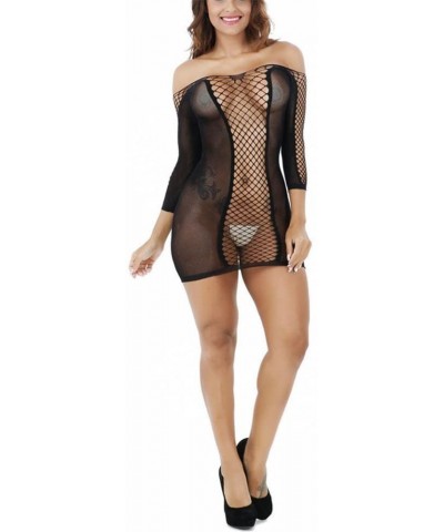 Fishnet Lingerie Women Sexy Long Sleeve See-Through Sleepwear One Piece Badydoll Chemise Minidress (Black) - Black - CA1890XH...