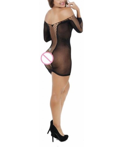 Fishnet Lingerie Women Sexy Long Sleeve See-Through Sleepwear One Piece Badydoll Chemise Minidress (Black) - Black - CA1890XH...