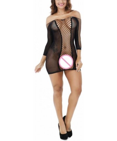 Fishnet Lingerie Women Sexy Long Sleeve See-Through Sleepwear One Piece Badydoll Chemise Minidress (Black) - Black - CA1890XH...