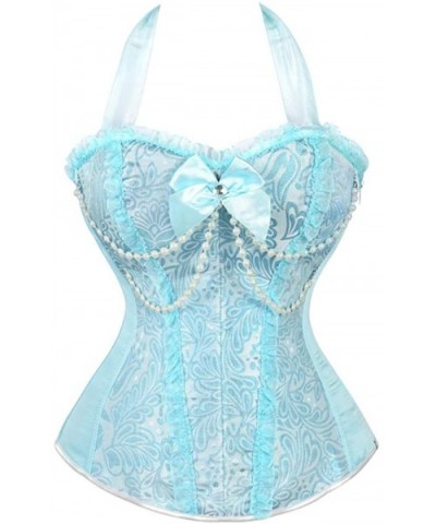 Women Gothic Vintage Steampunk Boned Lace Overbust Satin Shoulder Strap Corset Bustier Top - Blue 1506 - CG11NVOKTMN $30.49 B...