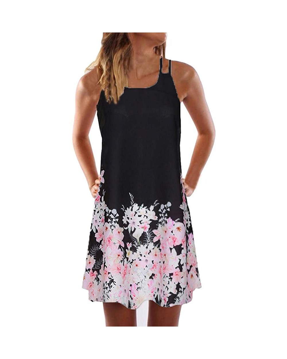 Summer Dresses for Women Beach 3D Butterfly Floral Print Sleeveless Vintage Bohe Tank Short Mini Dress - Ya-black - CG19D8DN6...