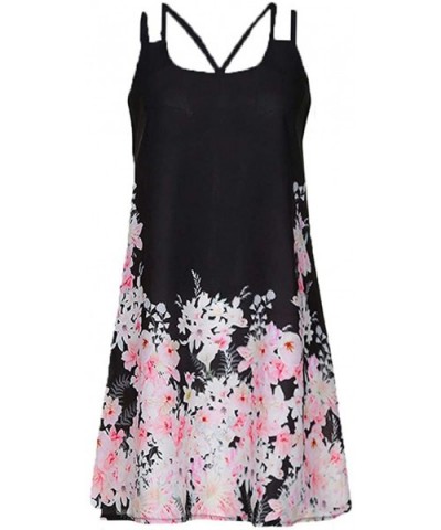 Summer Dresses for Women Beach 3D Butterfly Floral Print Sleeveless Vintage Bohe Tank Short Mini Dress - Ya-black - CG19D8DN6...