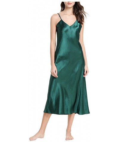 Women Ladies Sexy V-Neck Imitated Silk Suspender Nightdress Spaghetti Straps Midi Sleepwear - Green - C719C4LM8EI $26.25 Nigh...