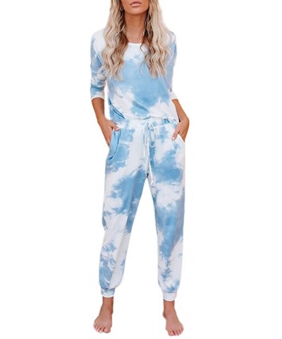 Womens Tie Dye Printed Long Sleeve Pajamas Set Long Tops and Pants 2 Piece Joggers Nightwear - Blue - CC1983WDWCS $48.78 Sets