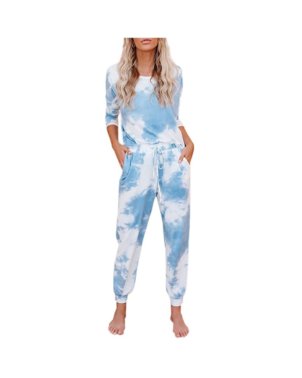 Womens Tie Dye Printed Long Sleeve Pajamas Set Long Tops and Pants 2 Piece Joggers Nightwear - Blue - CC1983WDWCS $48.78 Sets