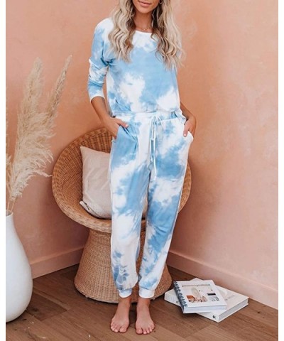 Womens Tie Dye Printed Long Sleeve Pajamas Set Long Tops and Pants 2 Piece Joggers Nightwear - Blue - CC1983WDWCS $48.78 Sets