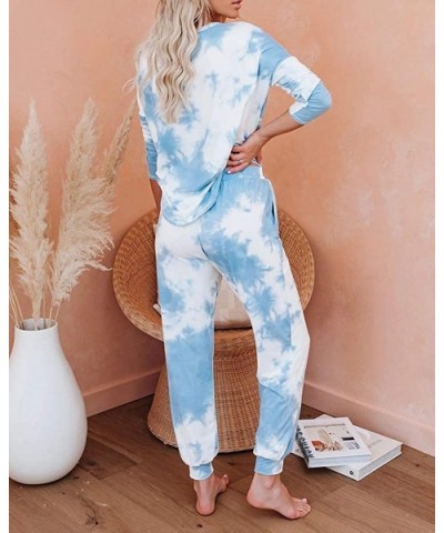 Womens Tie Dye Printed Long Sleeve Pajamas Set Long Tops and Pants 2 Piece Joggers Nightwear - Blue - CC1983WDWCS $48.78 Sets