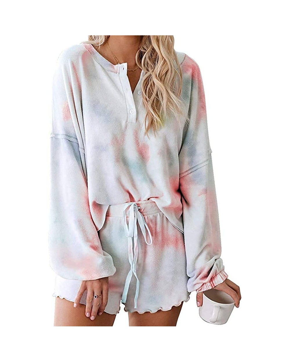 Women's Casual Tie Dye Printed Pajama Sets Nightwear Top with Shorts - Hs019 Orange - CC199HYCQLR $56.11 Sets