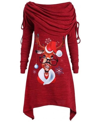 Christmas Sweatshirt Women's Plus Size Long Sleeve Fold-Over Collar Ruched Long Tunic Tops - D-red - CL18ZZYW5GK $42.97 Therm...