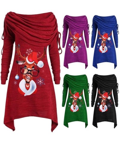 Christmas Sweatshirt Women's Plus Size Long Sleeve Fold-Over Collar Ruched Long Tunic Tops - D-red - CL18ZZYW5GK $42.97 Therm...