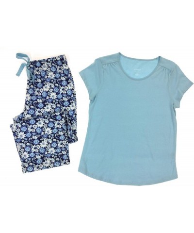 Club 100% Cotton Capri/Cropped Pant Pajama Set - Aqua Summer Blooms - CT199UWQSDN $41.40 Sets
