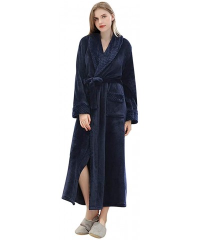 Women Robe Kimono Sleepwear Ladies V-Neck Long Sleeve Solid Color Thicken Soft Bathrobe Loungewear - Navy - CR194DAWZLY $52.2...