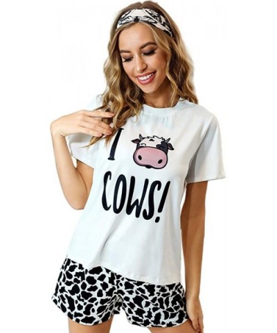 Pajamas for Women Cartoon Print Sleepwear Pj Sets Top Shorts Nightwear - Cow - CW19DNU049N $41.86 Bottoms