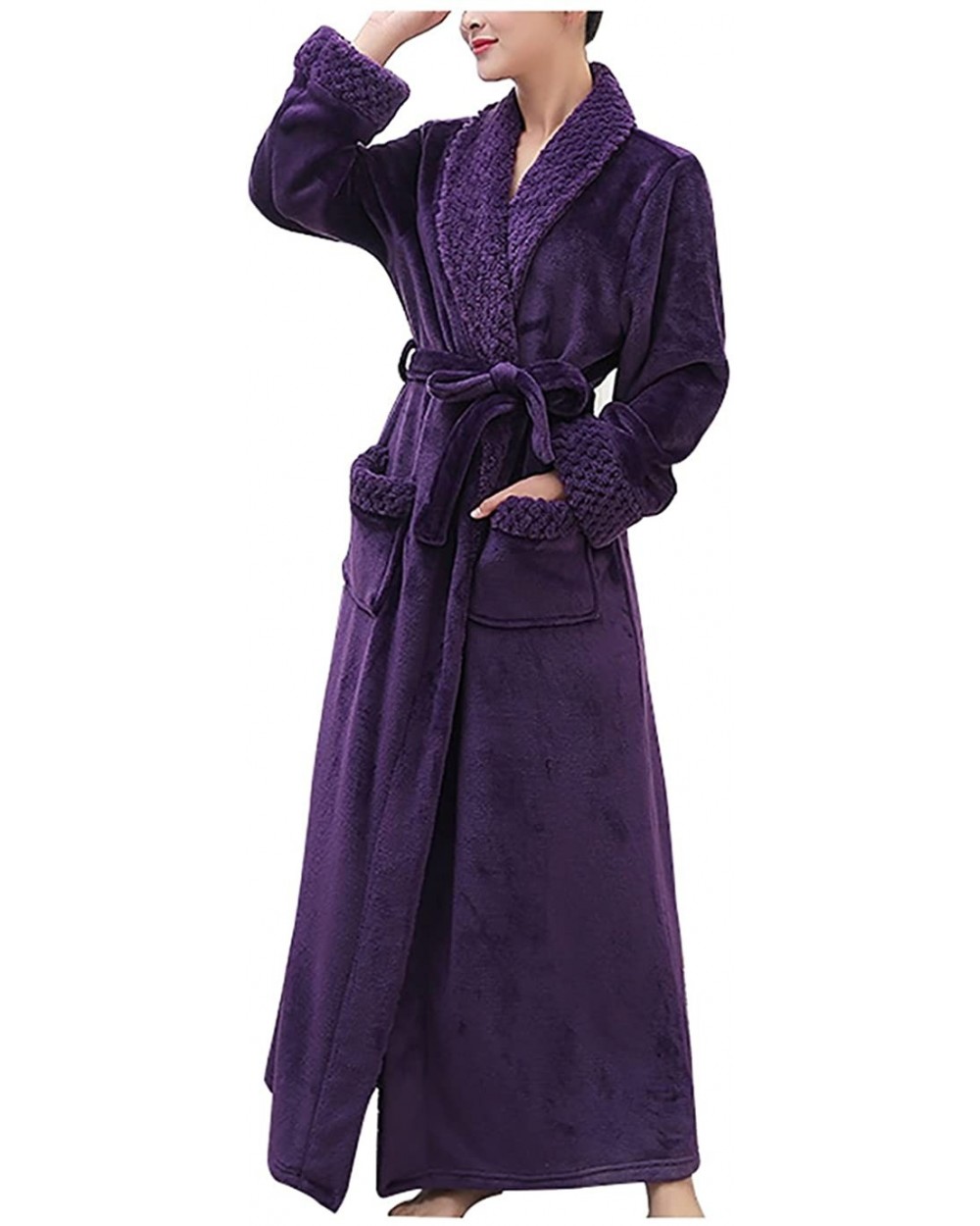 Unisex Long Bathrobe Spa Shawl Robe Soft Microfiber Fleece Sleepwear with Belt - Purple - CE180M4WYLC $46.72 Robes