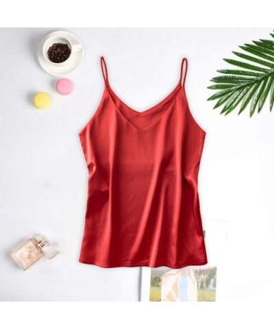 Women's Sleepwear Sexy Lingerie Satin Pajamas Cami Shorts Set Nightwear - Red - CY196Z9CG6M $13.70 Sets