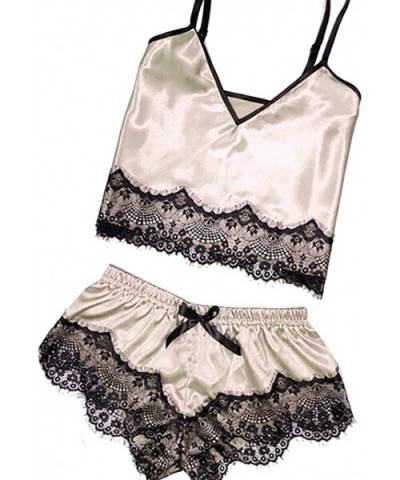 Women Sleepwear Sleeveless Strap Nightwear Lace Trim Satin Cami Top Pajama Sets - Z-beige - CR1936H5GRA $16.97 Bustiers & Cor...