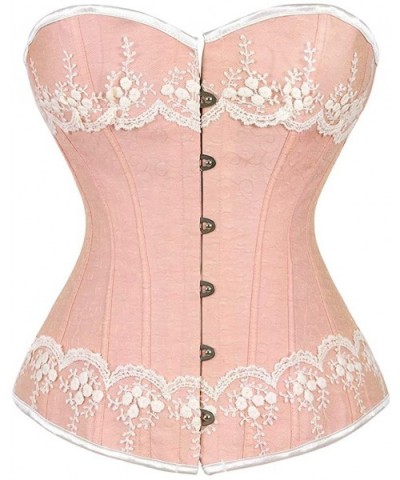 Women Gothic Vintage Steampunk Boned Lace Overbust Satin Shoulder Strap Corset Bustier Top - Pink 1562 - C518XGYNI0D $28.90 B...