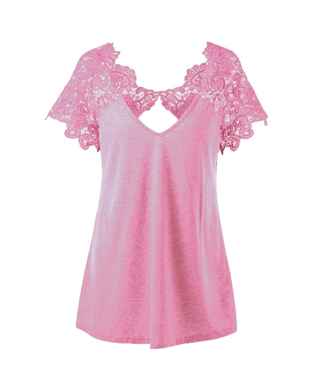 Womens V-Neck Backless Tops 2019 Fashion Lace Patchwork Plus Size Short Sleeve Trim Cutwork T-Shirt - Pink - CZ18O986T07 $21....