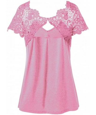 Womens V-Neck Backless Tops 2019 Fashion Lace Patchwork Plus Size Short Sleeve Trim Cutwork T-Shirt - Pink - CZ18O986T07 $21....