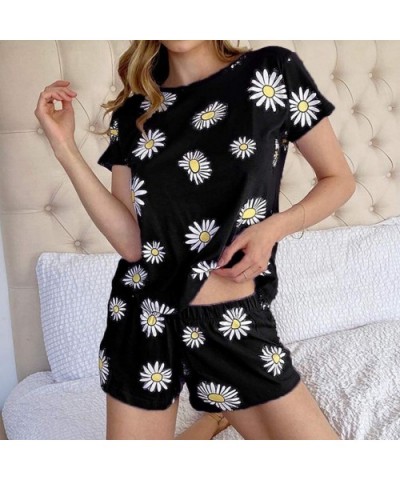 Women's Floral Tribal Sleepwear Short Sleeves Casual Short Pants Set - Black - CY19CIAX7Q4 $42.32 Sets