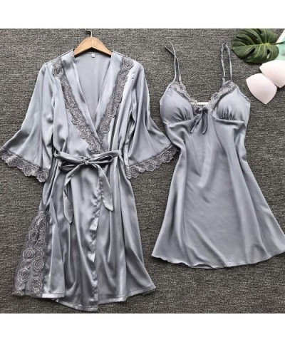 Ladies Nightdress Robe Suit Stain Lace Sling Chemise Babydoll Nightdress Nightgown Slip Sleepwear Pajamas Set B gray - CF195I...