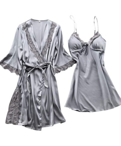 Ladies Nightdress Robe Suit Stain Lace Sling Chemise Babydoll Nightdress Nightgown Slip Sleepwear Pajamas Set B gray - CF195I...