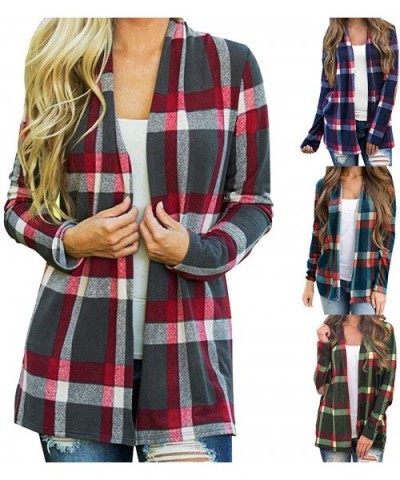 Women's Plaid Print Cardigan Jacket Pullover Open Front Coat Casual Outerwear - Green - C118ZQRHCZS $33.44 Thermal Underwear