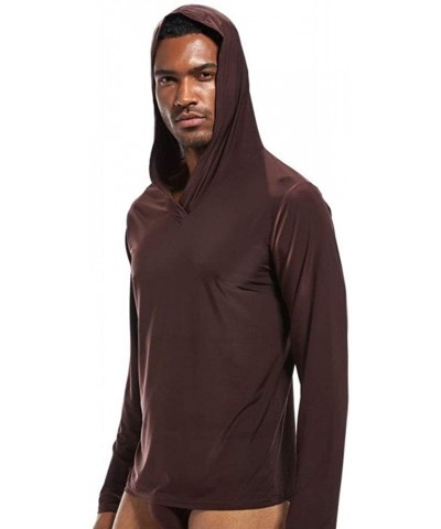 Men's Ice Silk Lightweight Lounge Yoga Hoodie - Coffee - C317XXEXOYX $28.44 Sleep Tops