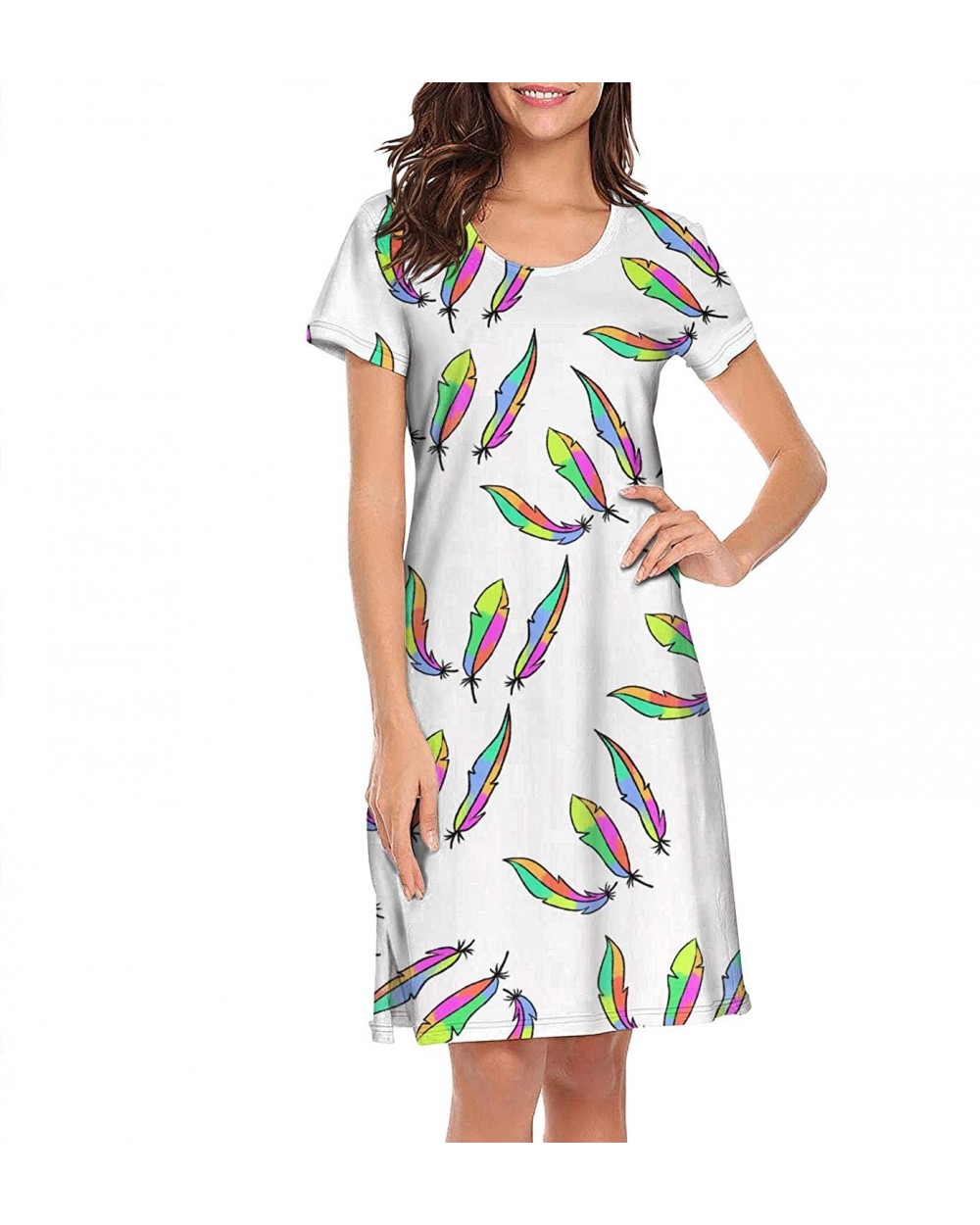 Crewneck Short Sleeve Nightgown Hawaii Printed Nightdress Sleepwear Women Pajamas Cute - Rainbow Feather - CH18X4LG8MI $51.51...