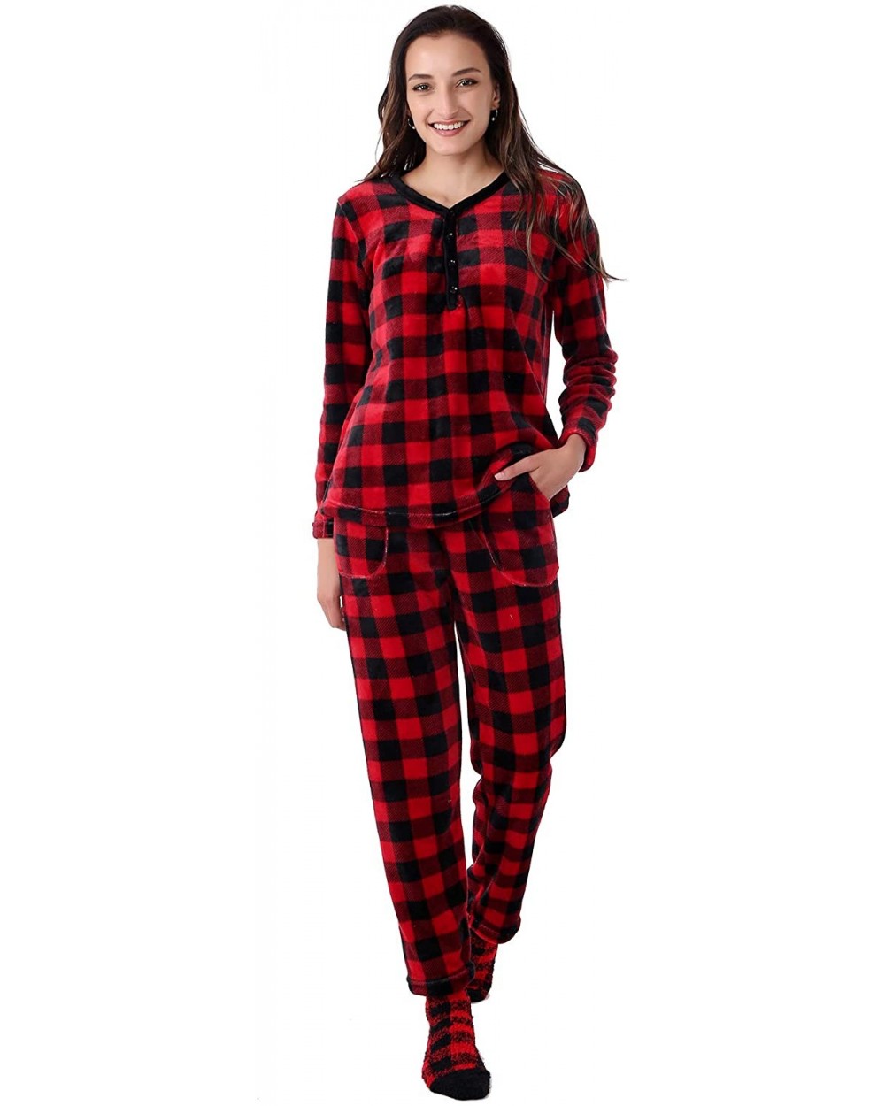 Warm Fleece Pajamas Set Soft Sleepwear Long Sleeve Pjs for Women - Red Plaid - CU18ZD22RIZ $40.60 Sets