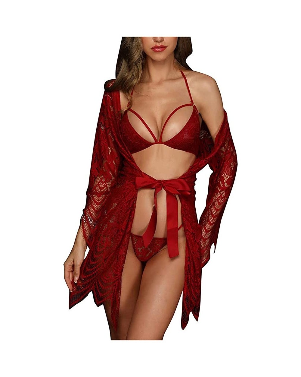 Women Pajamas Set 3PC Women Plus Size Lace Sleepwear Trim Up Robe Bra Panty Set Nightgown Lingerie - Red - CJ193AZI5RA $22.80...