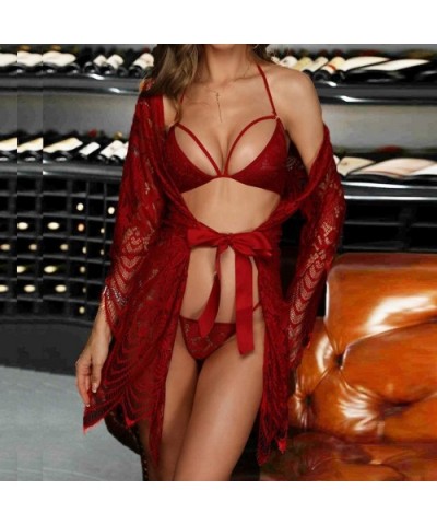 Women Pajamas Set 3PC Women Plus Size Lace Sleepwear Trim Up Robe Bra Panty Set Nightgown Lingerie - Red - CJ193AZI5RA $22.80...