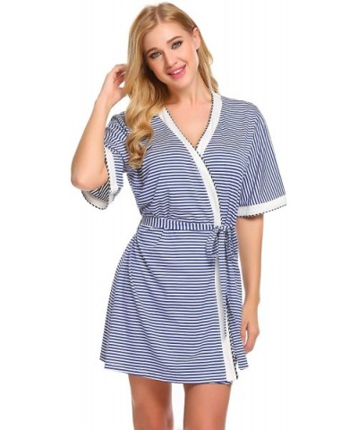 Women Striped Sleep Robes Open Front V Neck Short Sleeve Sleepwear with Belt - Blue White - CG18GAZTH2S $42.94 Robes