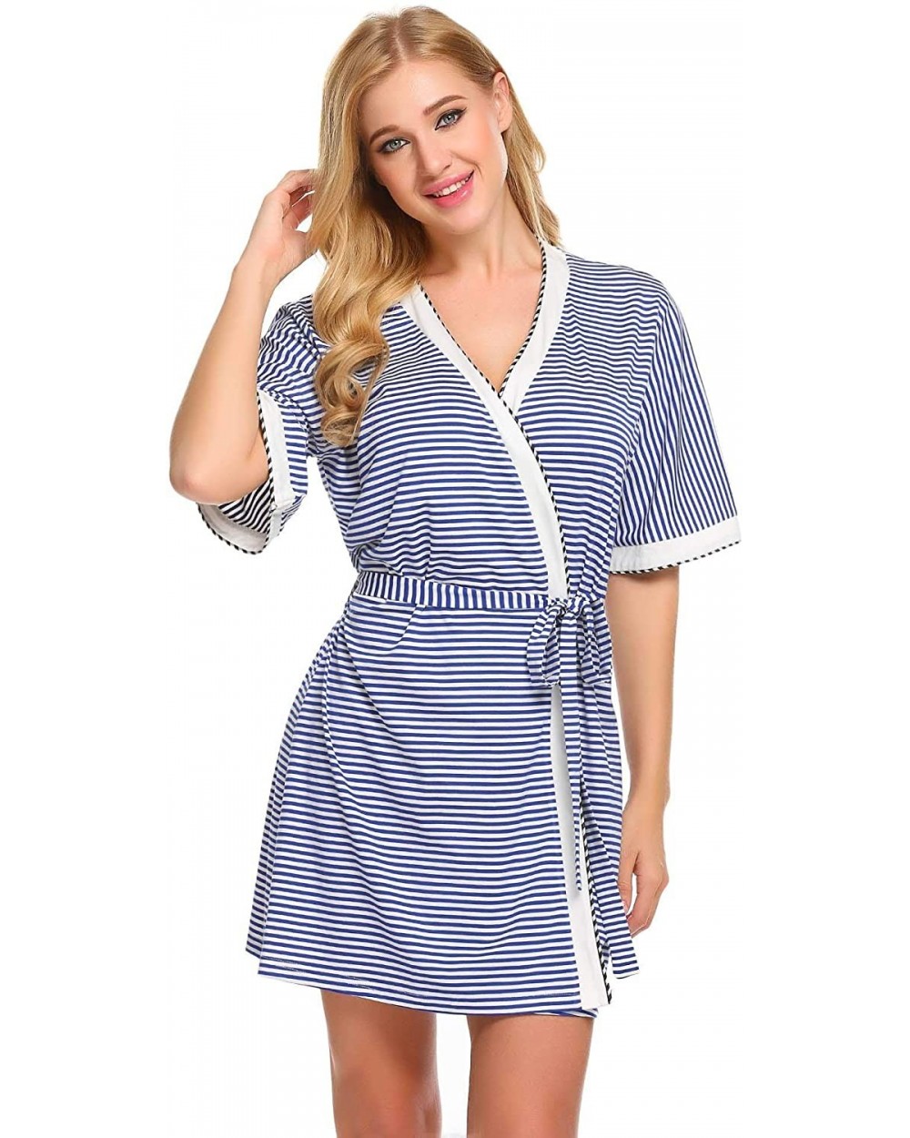 Women Striped Sleep Robes Open Front V Neck Short Sleeve Sleepwear with Belt - Blue White - CG18GAZTH2S $42.94 Robes