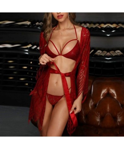 Women Pajamas Set 3PC Women Plus Size Lace Sleepwear Trim Up Robe Bra Panty Set Nightgown Lingerie - Red - CJ193AZI5RA $22.80...